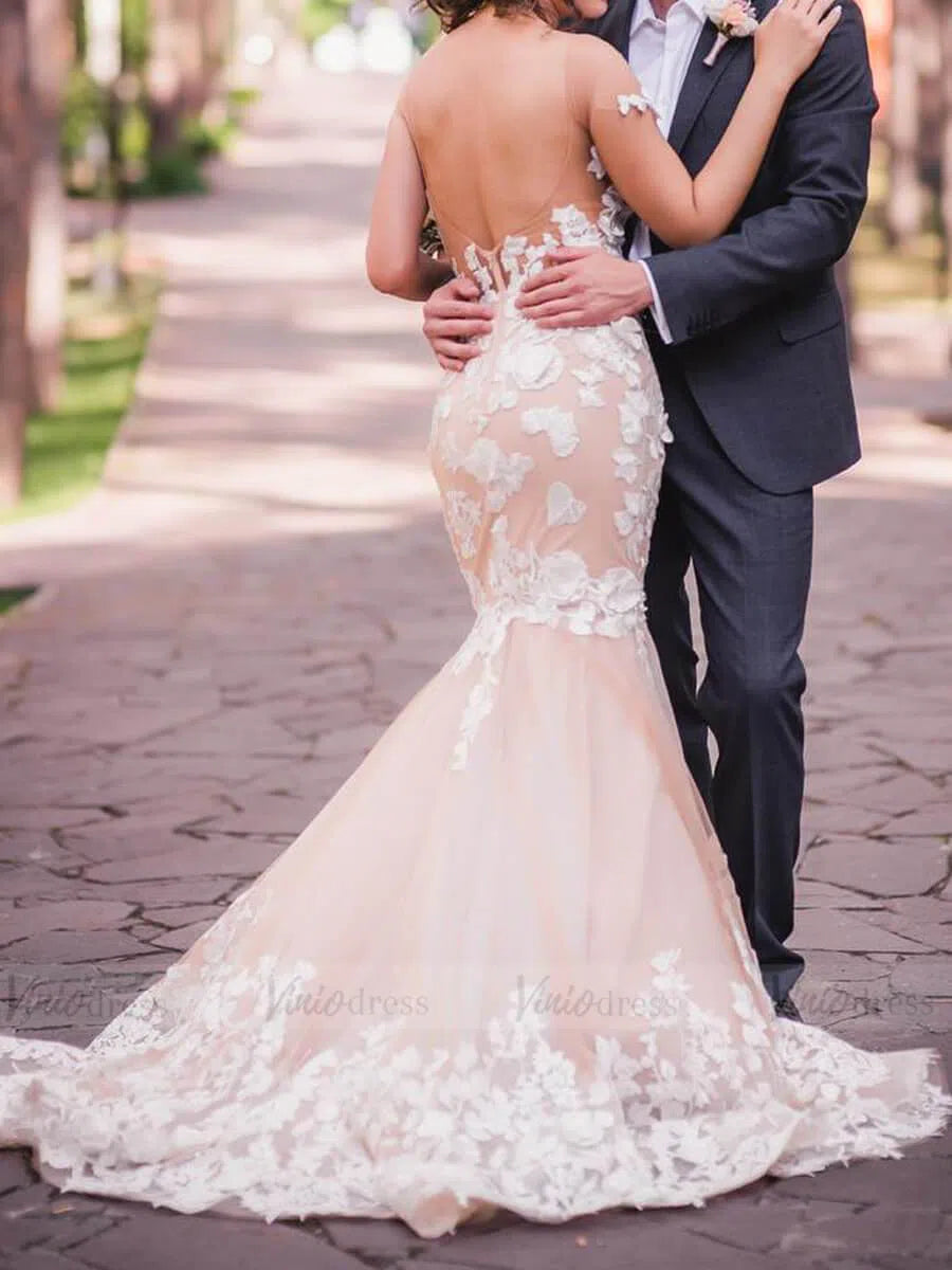 Lace Applique Champagne Mermaid Wedding Dresses Open Back VW1337-wedding dresses 2025 -Viniodress-Champagne-Custom Size-