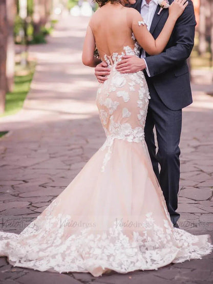 Lace Applique Champagne Mermaid Wedding Dresses Open Back VW1337-wedding dresses 2025 -Viniodress-Champagne-Custom Size-