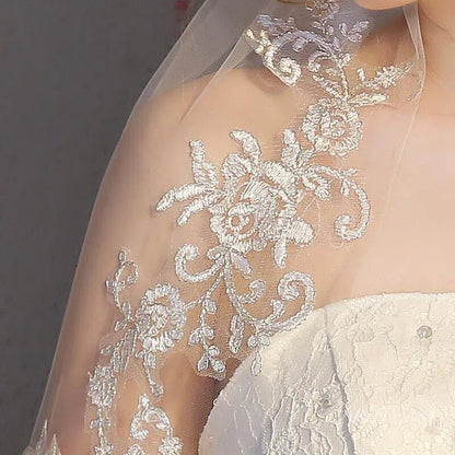 Lace Appliqued 2 Tier Bridal Veil Viniodress TS17150-Bridal Veil 2025 -Viniodress-Ivory-