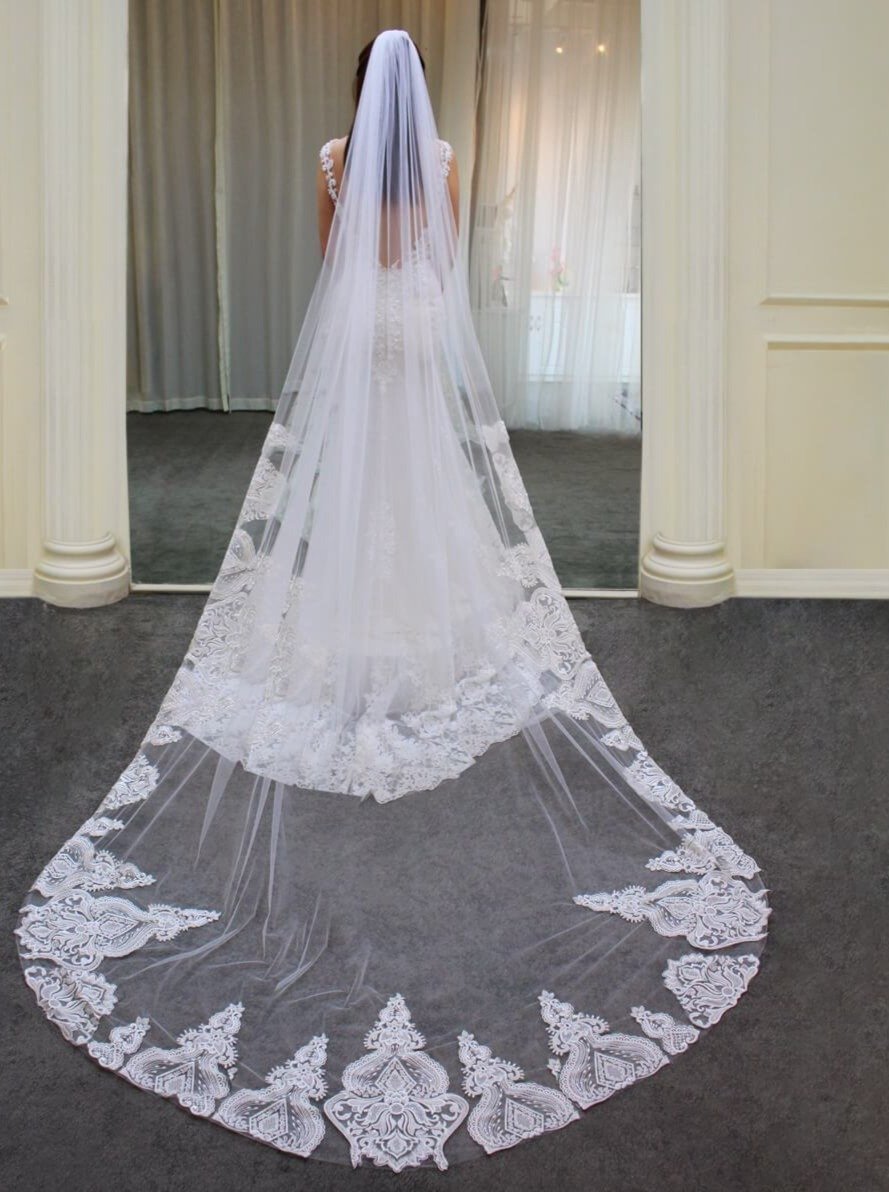 Lace Appliqued Cathedral Length Mantilla Veil Viniodress V689-Bridal Veil 2025 -Viniodress-Ivory-