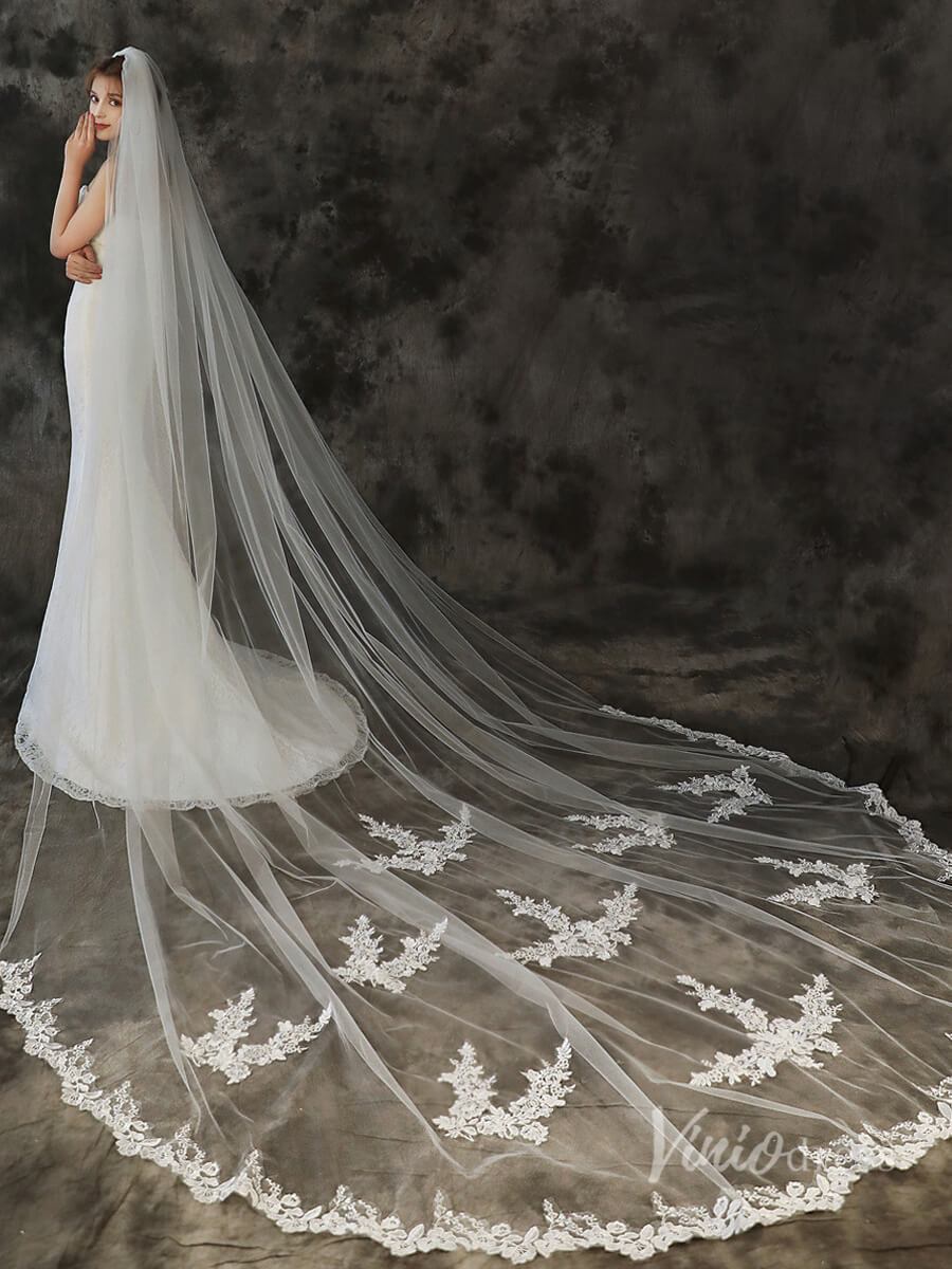 Lace Appliqued Cathedral Veil Viniodress TS1907-Bridal Veil 2025 -Viniodress-Ivory-