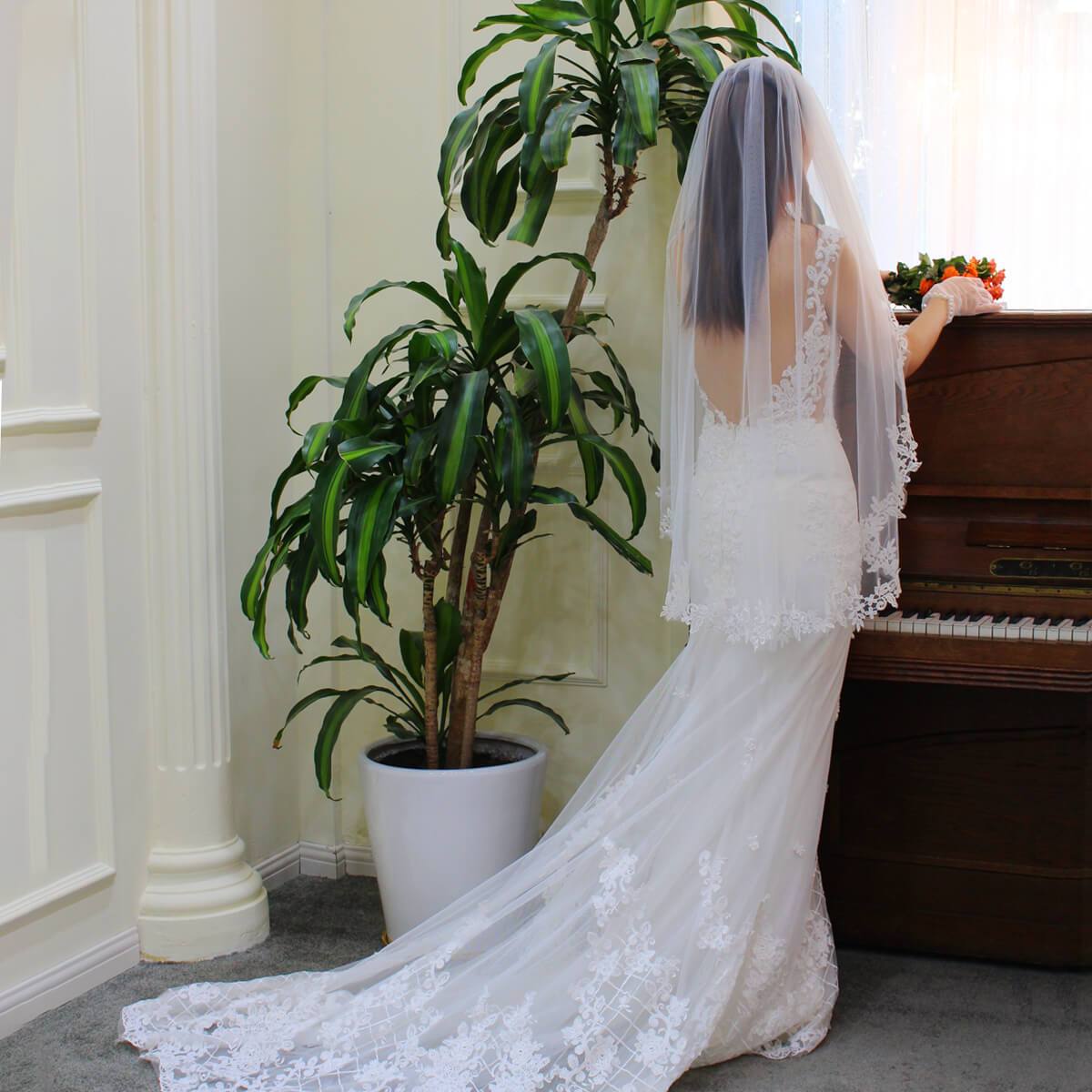 Lace Appliqued Mantilla Veils Fingertip Length V683-Bridal Veil 2025 -Viniodress-Ivory-