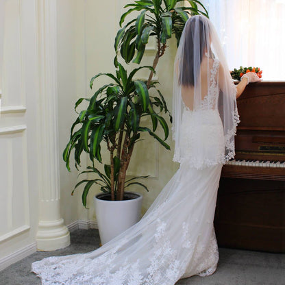 Lace Appliqued Mantilla Veils Fingertip Length V683-Bridal Veil 2025 -Viniodress-Ivory-
