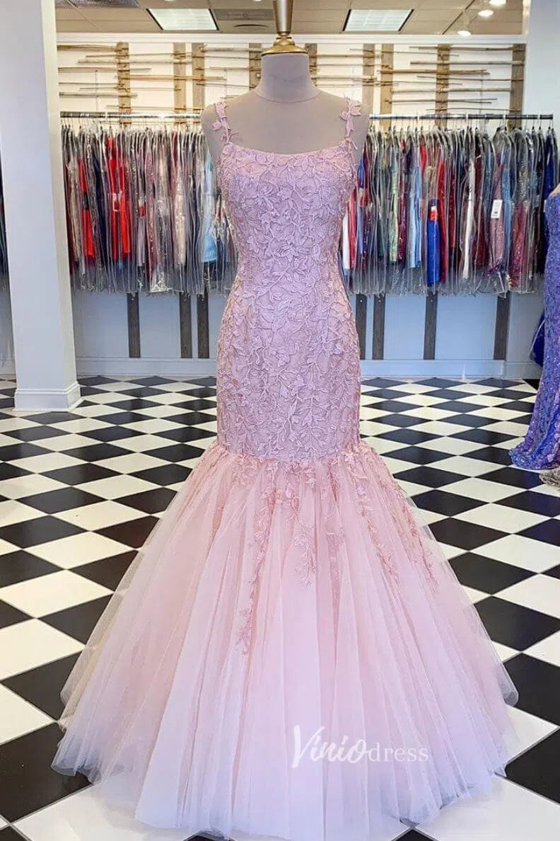 Pink Lace Appliqued Mermaid Prom Dresses Lace up back FD1250C-prom dresses 2025 -Viniodress-Pink-Custom Size-