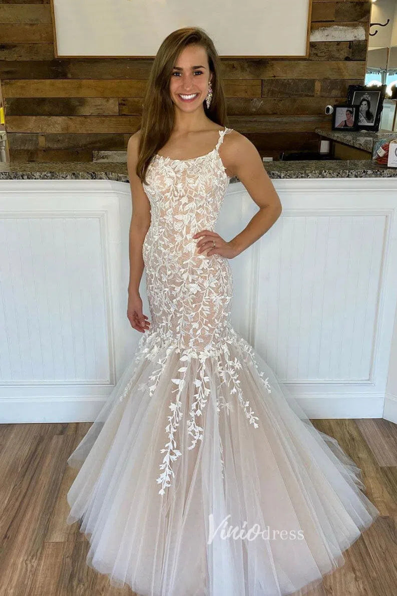 Pink Lace Appliqued Mermaid Prom Dresses Lace up back FD1250C-prom dresses 2025 -Viniodress-Nude-Custom Size-