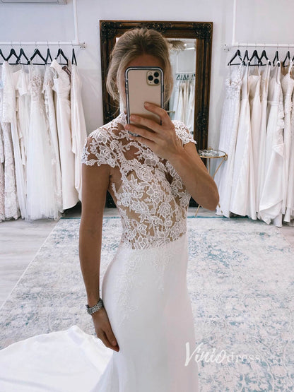Lace Appliqued Satin Modern Wedding Dresses Cap Sleeve VW2145-wedding dresses 2025 -Viniodress-Ivory-Custom Size-