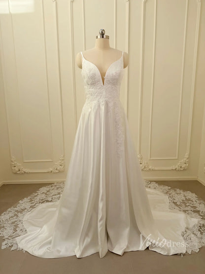 Lace Appliqued Satin Wedding Dress with Spaghetti Straps, Pockets, Plunging V Neck, Chapel Train – LA110-wedding dresses 2026-Viniodress-Ivory-Custom Size – Add Measurements in Cart-