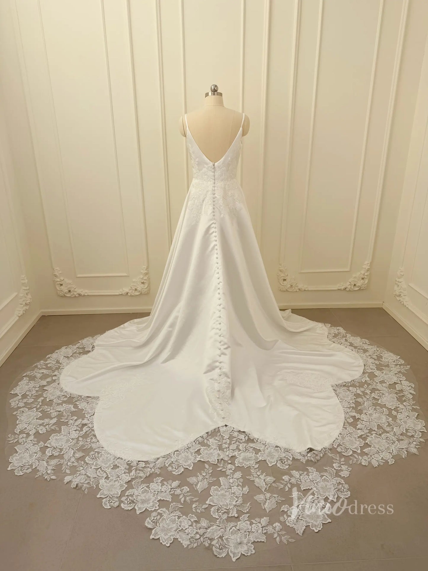 Lace Appliqued Satin Wedding Dress with Spaghetti Straps, Pockets, Plunging V Neck, Chapel Train – LA110-wedding dresses 2026-Viniodress-Ivory-Custom Size – Add Measurements in Cart-