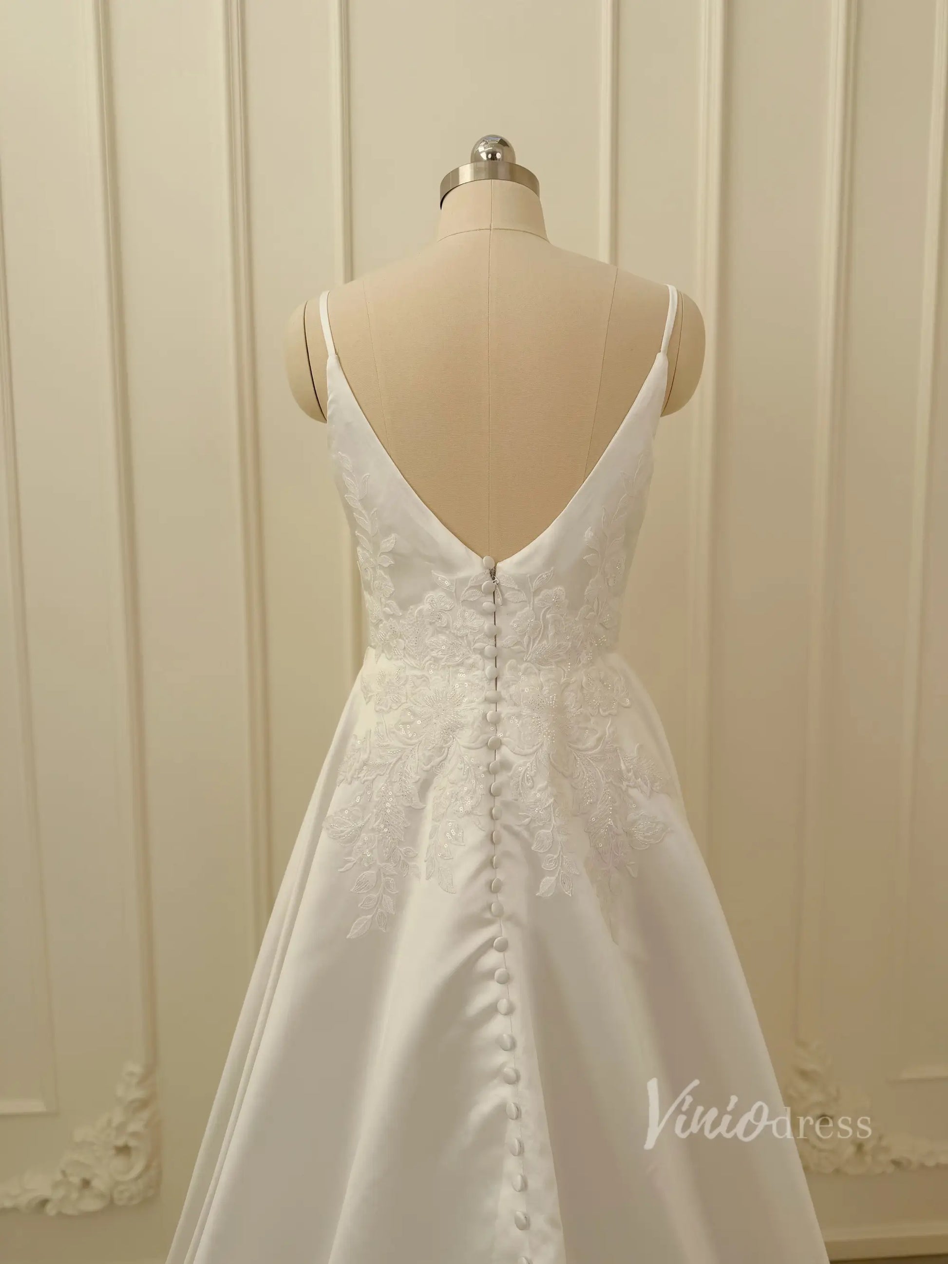 Lace Appliqued Satin Wedding Dress with Spaghetti Straps, Pockets, Plunging V Neck, Chapel Train – LA110-wedding dresses 2026-Viniodress-Ivory-Custom Size – Add Measurements in Cart-
