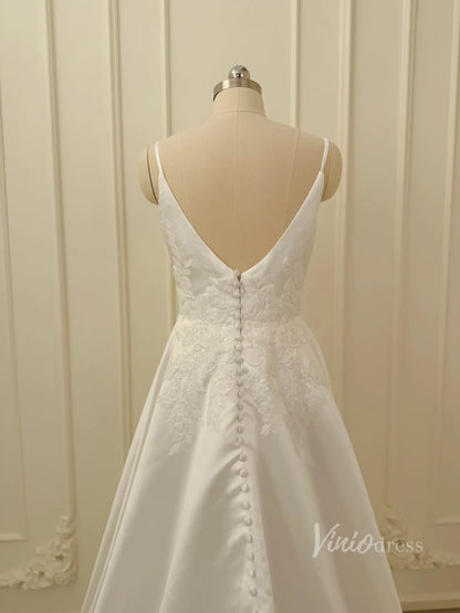 Lace Appliqued Satin Wedding Dress with Spaghetti Straps, Pockets, Plunging V Neck, Chapel Train – LA110-wedding dresses 2026-Viniodress-Ivory-Custom Size – Add Measurements in Cart-