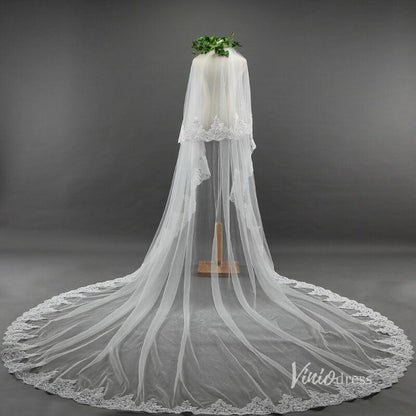 Lace Appliqued Tulle Cathedral Veil with Blusher Viniodress-Bridal Veil 2025 -Viniodress-Ivory-