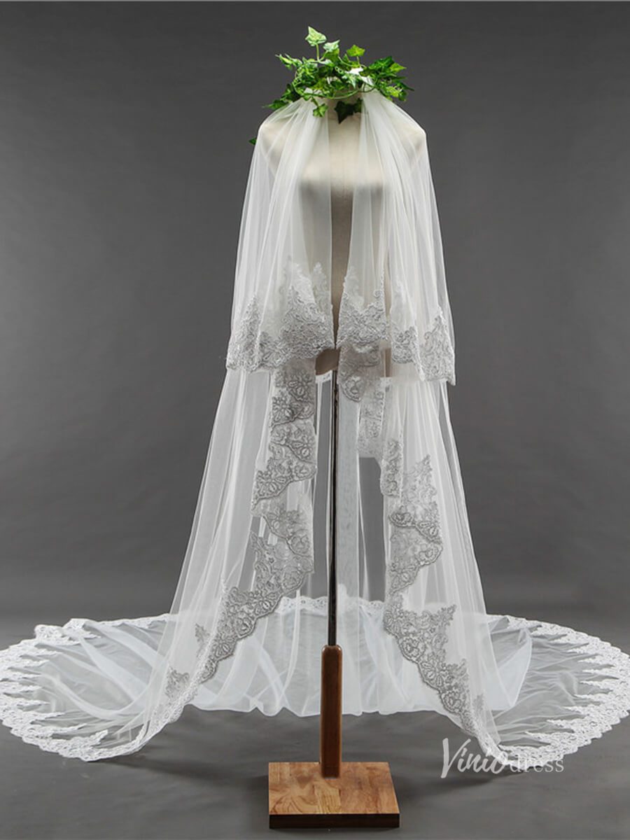 Lace Appliqued Tulle Cathedral Veil with Blusher Viniodress-Bridal Veil 2025 -Viniodress-Ivory-