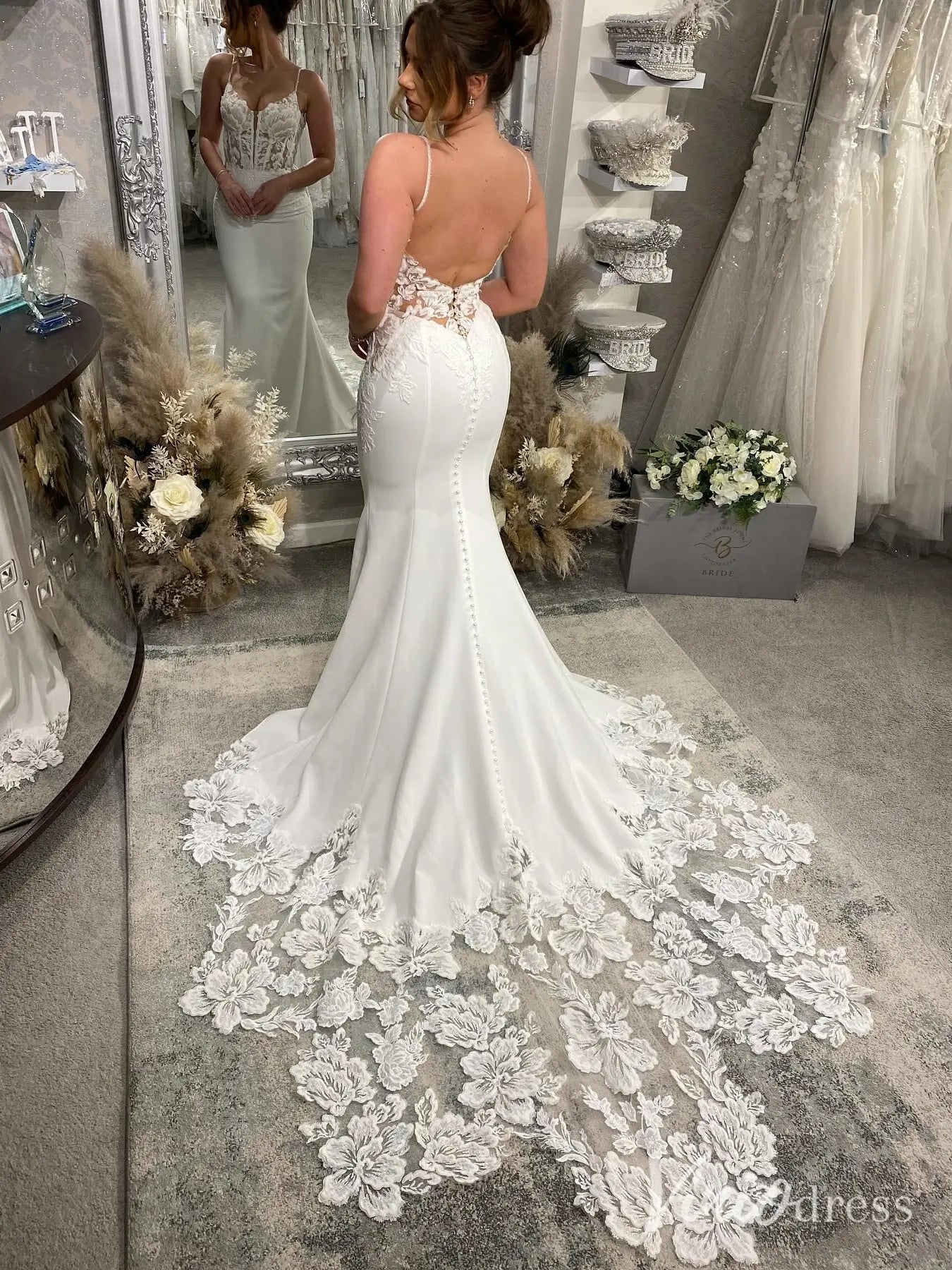Lace Corset Crepe Wedding Dress with Spaghetti Straps and Floral Cathedral Train – ML122