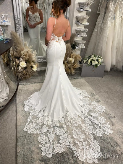Lace Corset Crepe Wedding Dress with Spaghetti Straps and Floral Cathedral Train – ML122-wedding dresses 2025 -Viniodress-Ivory-Custom Size-