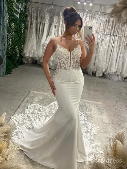 Crepe Lace Corset Wedding Dress with Floral Cathedral Train – ML122 – Viniodress