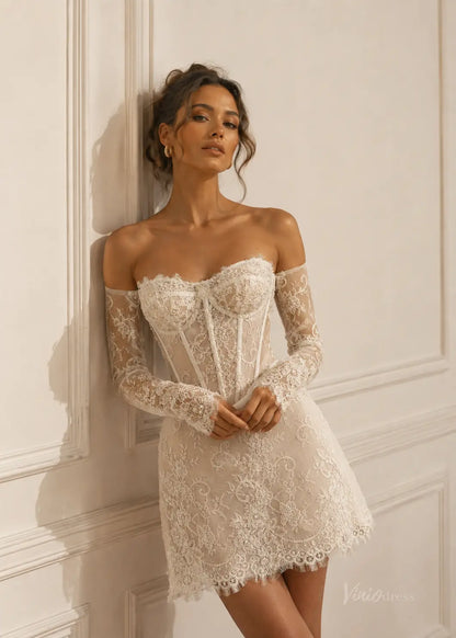 White lace mini wedding dress with a corset bodice, off-the-shoulder long sleeves, and intricate floral embroidery.
