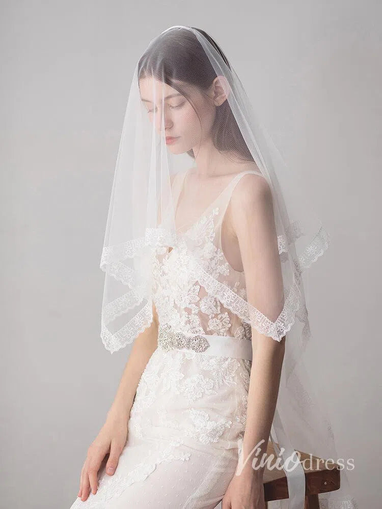 Lace Hemline Ivory Tulle Wedding Veils ACC1051-Bridal Veil 2025 -Viniodress-Ivory-