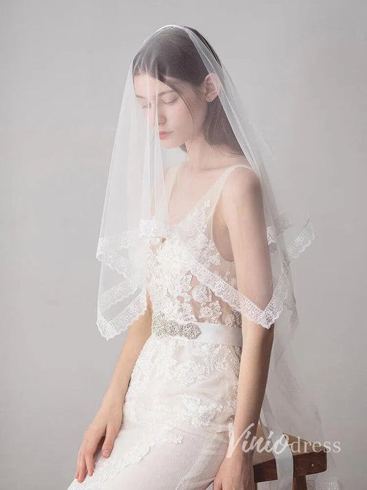 Lace Hemline Ivory Tulle Wedding Veils ACC1051-Bridal Veil 2025 -Viniodress-Ivory-