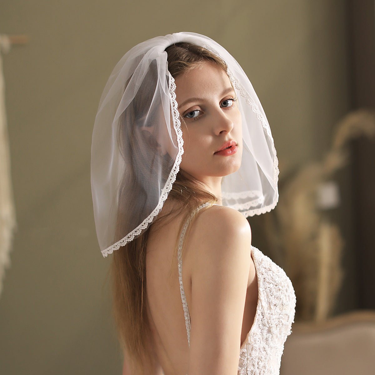 Lacy Short Veil for Bride-Accessories 2025 -Viniodress-Ivory-