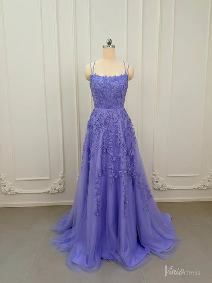Lavender A-line prom dress with floral appliqué, sparkling embellishments, square neckline, and flowing tulle skirt.
