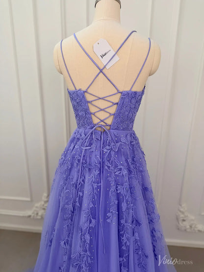 Lavender A-line prom dress with floral appliqué, sparkling embellishments, and a corset lace-up back on a mannequin.
