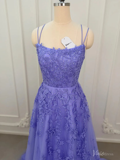 Lavender A-line prom dress with floral appliqué, sparkling embellishments, spaghetti straps, and a tulle skirt.
