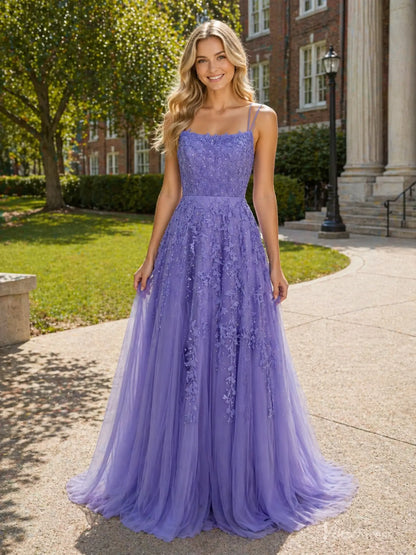 Lavender A-line prom dress with floral appliqué, sparkling embellishments, square neckline, and layered tulle skirt.