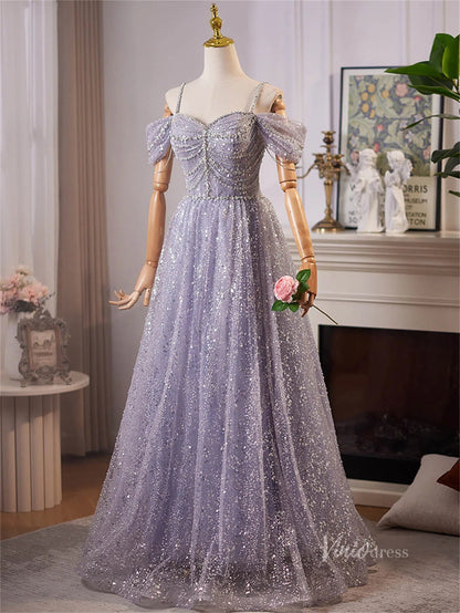 Lavender Blue Off the Shoulder Spaghetti Strap Prom Dresses Beaded Lace Formal Dress BJ061-prom dresses 2025 -Viniodress-Lavender-Custom Size-