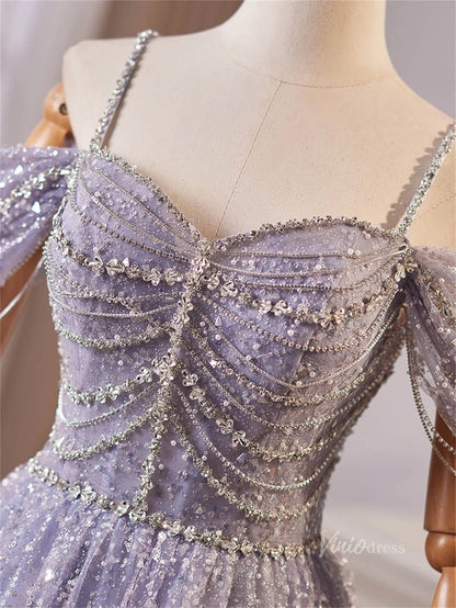 Lavender Blue Off the Shoulder Spaghetti Strap Prom Dresses Beaded Lace Formal Dress BJ061-prom dresses 2025 -Viniodress-Lavender-Custom Size-