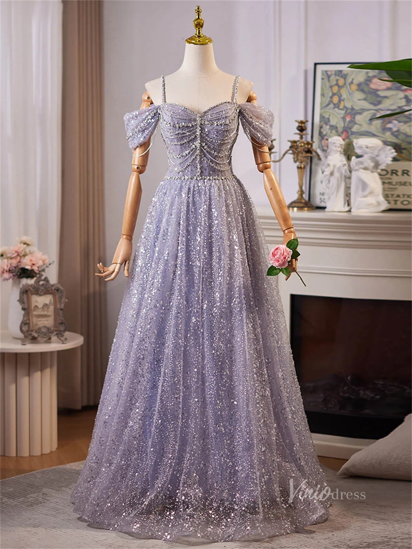 Lavender Blue Off the Shoulder Spaghetti Strap Prom Dresses Beaded Lace Formal Dress BJ061-prom dresses 2025 -Viniodress-Lavender-Custom Size-