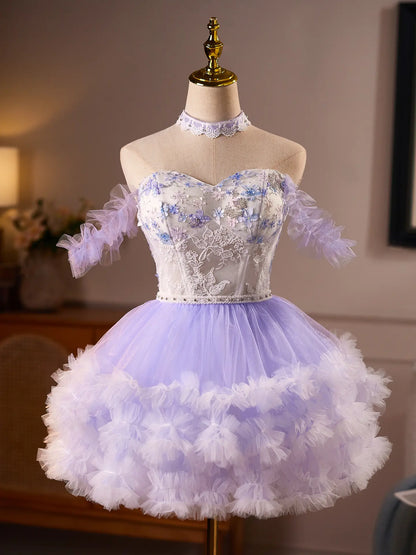 Lavender Floral Corset Homecoming Dress with Ruffle Sleeves & Rosette Tulle Skirt -BJ123-Homecoming Dresses 2026-Viniodress-Lavender-US 0-
