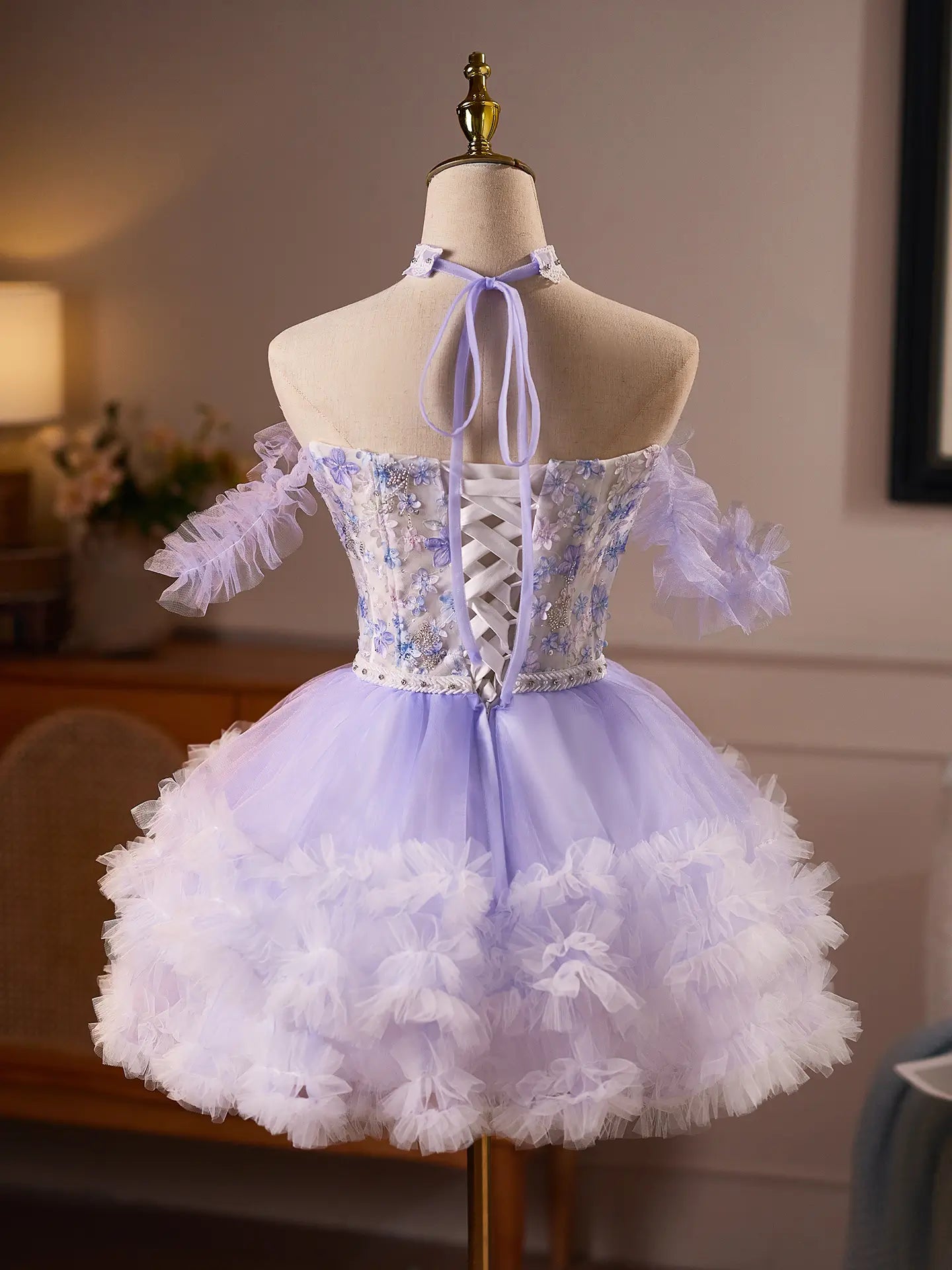 Lavender Floral Corset Homecoming Dress with Ruffle Sleeves & Rosette Tulle Skirt -BJ123-Homecoming Dresses 2026-Viniodress-Lavender-US 0-
