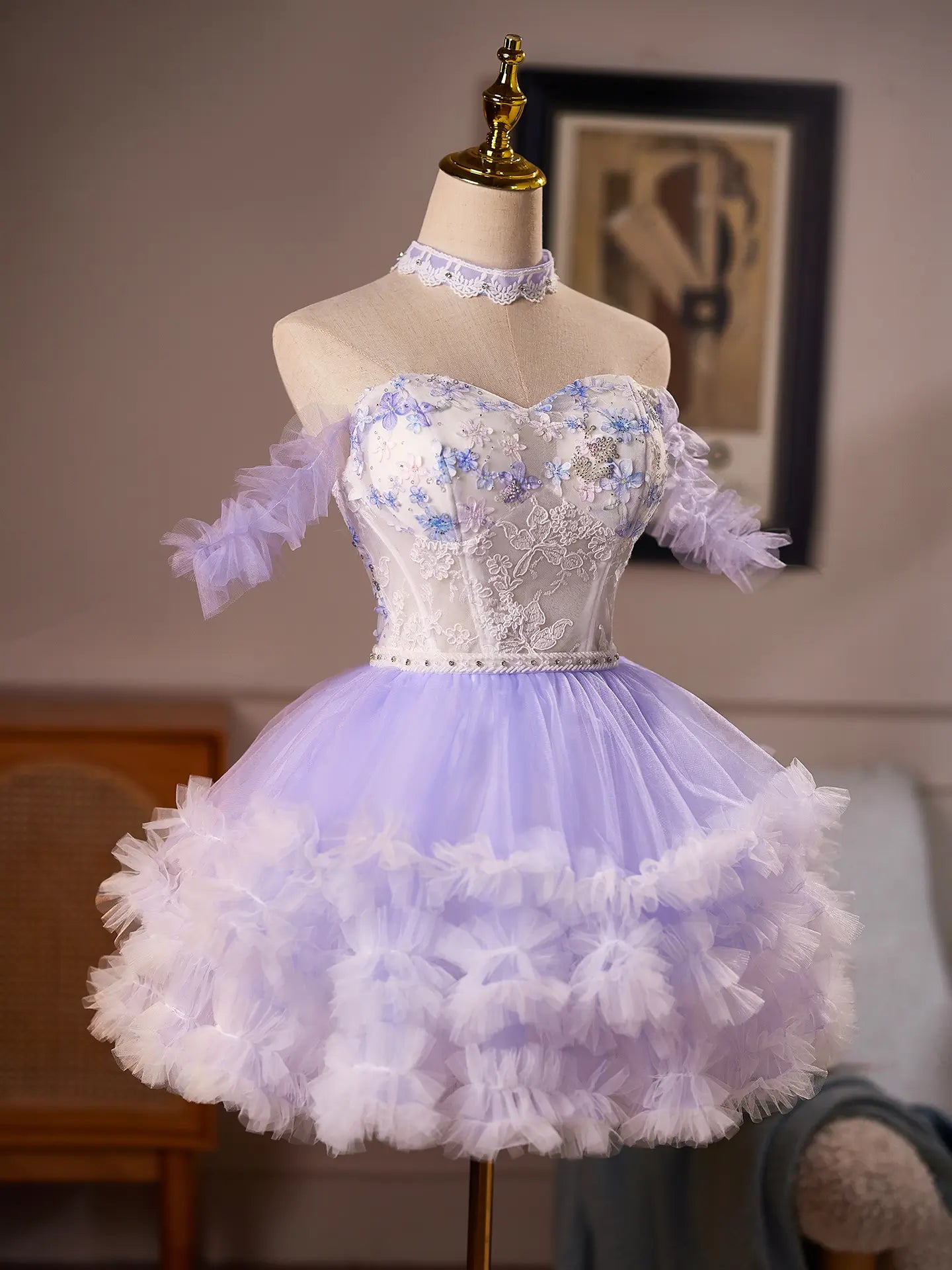 Lavender Floral Corset Homecoming Dress with Ruffle Sleeves & Rosette Tulle Skirt -BJ123-Homecoming Dresses 2026-Viniodress-Lavender-US 0-