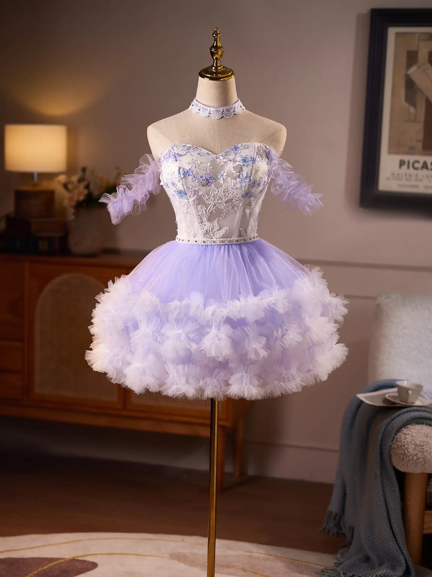 Lavender Floral Corset Homecoming Dress with Ruffle Sleeves & Rosette Tulle Skirt -BJ123-Homecoming Dresses 2026-Viniodress-Lavender-US 0-