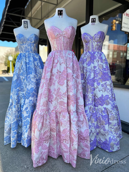 Pink Floral Jacquard Prom Dress with Corset Bodice & Sweetheart Neckline – FD6117-prom dresses 2025 -Viniodress-Custom Colors-Custom Size-