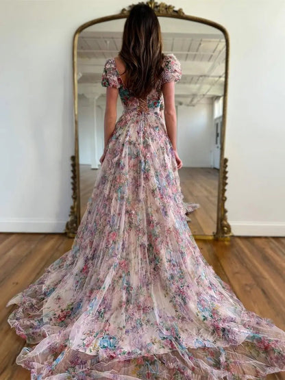 Lavender Floral Tulle Ruffled Prom Dresses 2025 Short Sleeve Square Neck Formal Gown - FD5306-prom dresses 2025 -Viniodress-Lavender-Custom Size-