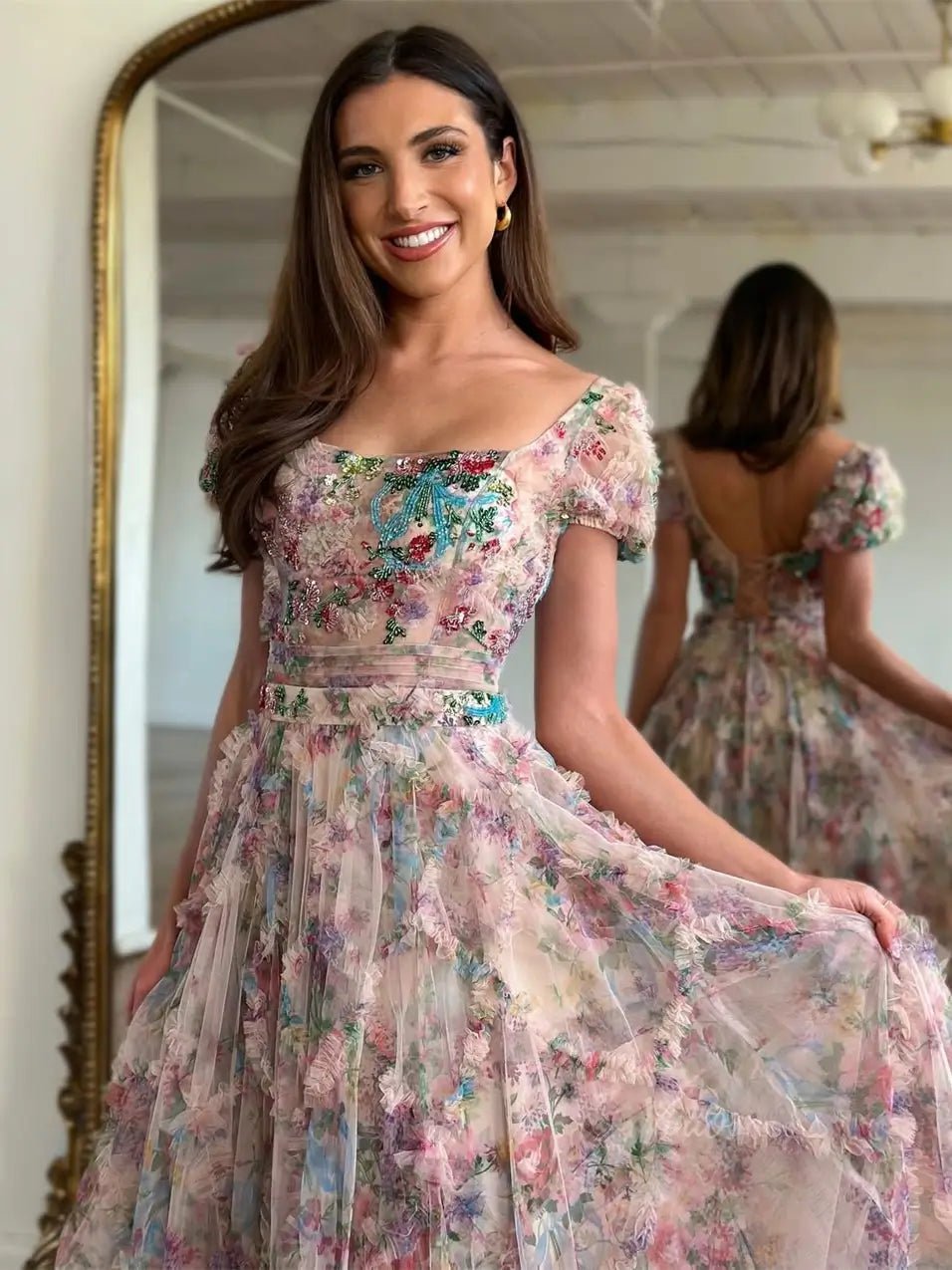 Lavender Floral Tulle Ruffled Prom Dresses 2025 Short Sleeve Square Neck Formal Gown - FD5306-prom dresses 2025 -Viniodress-Lavender-Custom Size-