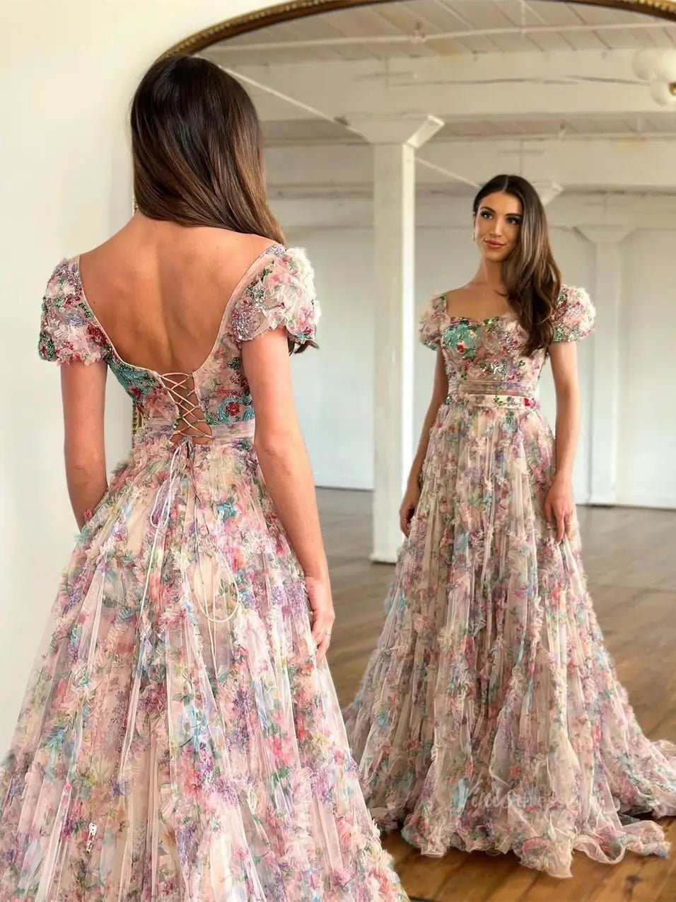 Lavender Floral Tulle Ruffled Prom Dresses 2025 Short Sleeve Square Neck Formal Gown - FD5306-prom dresses 2025 -Viniodress-Lavender-Custom Size-