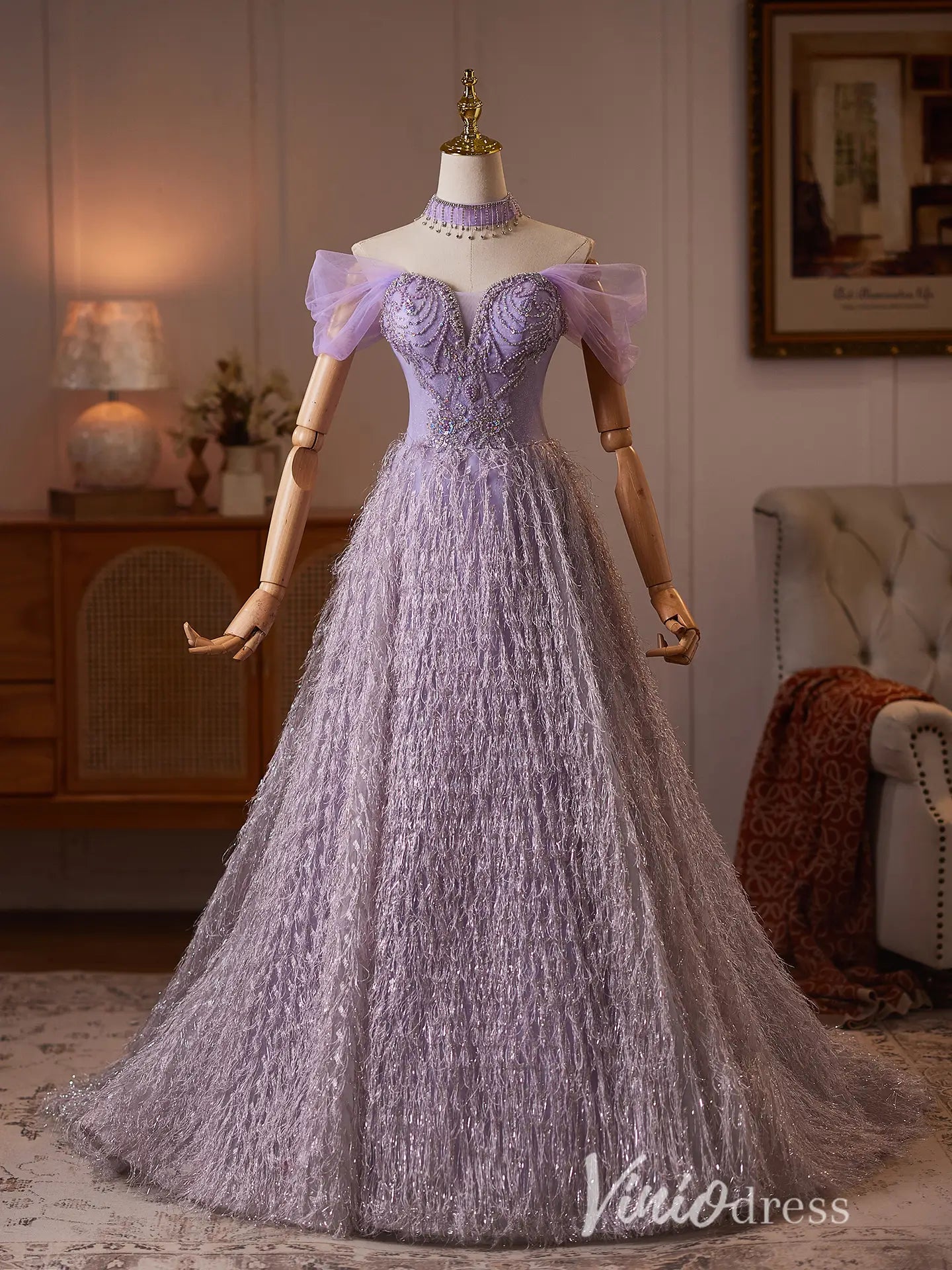 Lavender Glitter Tassel Formal Dress with Beaded Bodice – Viniodress