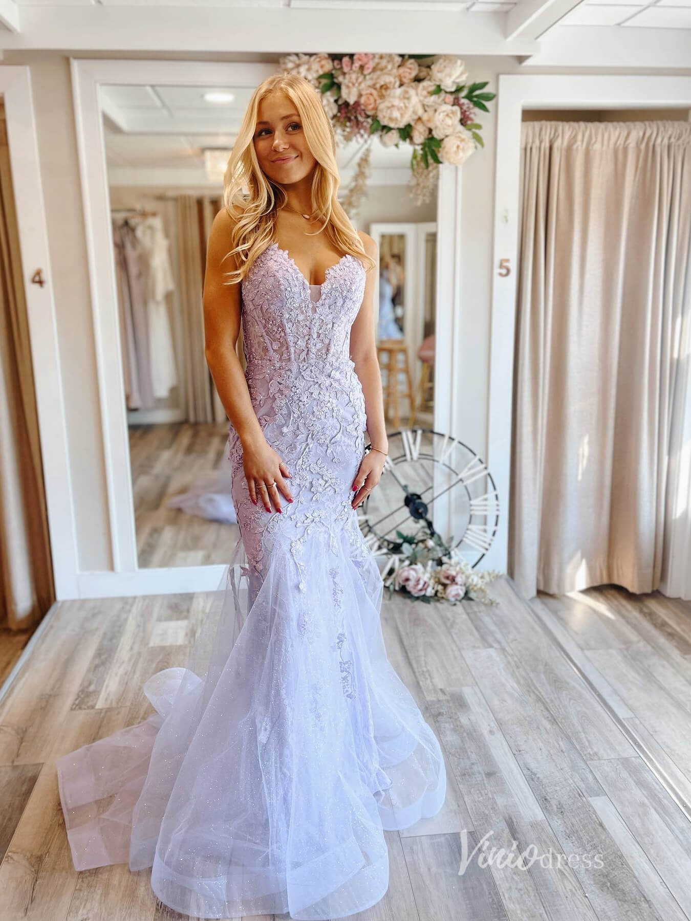 Lavender Lace Applique Mermaid Prom Dresses Spaghetti Strap Evening Dress FD2683-prom dresses 2025 -Viniodress-Lavender-Custom Size-