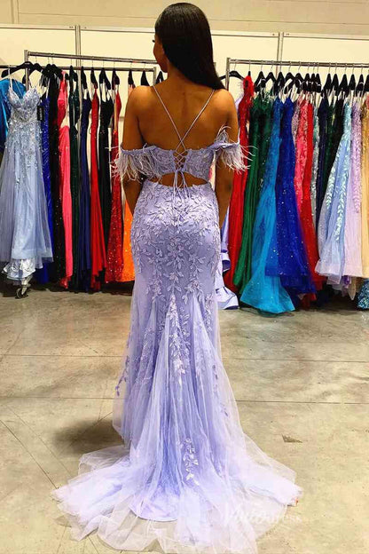 Lavender Lace Applique Mermaid Prom Dresses Spaghetti Strap Feather FD4098-prom dresses 2025 -Viniodress-Lavender-Custom Size-