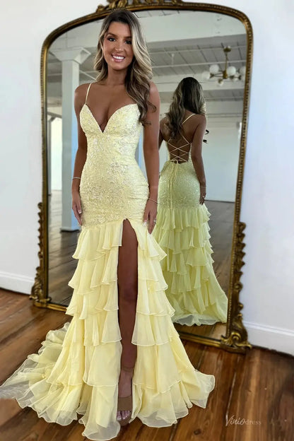 Lavender Lace Sheath Prom Dress with Spaghetti Straps, Tiered Bottom & V-Neck - FD5078B-prom dresses 2026-Viniodress-Yellow-Custom Size – Add Measurements in Cart-
