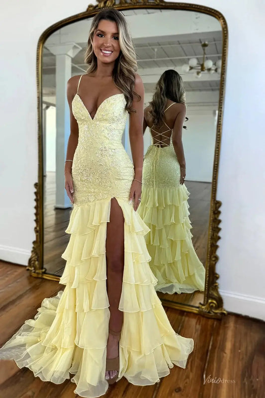 Lavender Lace Sheath Prom Dress with Spaghetti Straps, Tiered Bottom & V-Neck - FD5078B-prom dresses 2026-Viniodress-Yellow-Custom Size – Add Measurements in Cart-