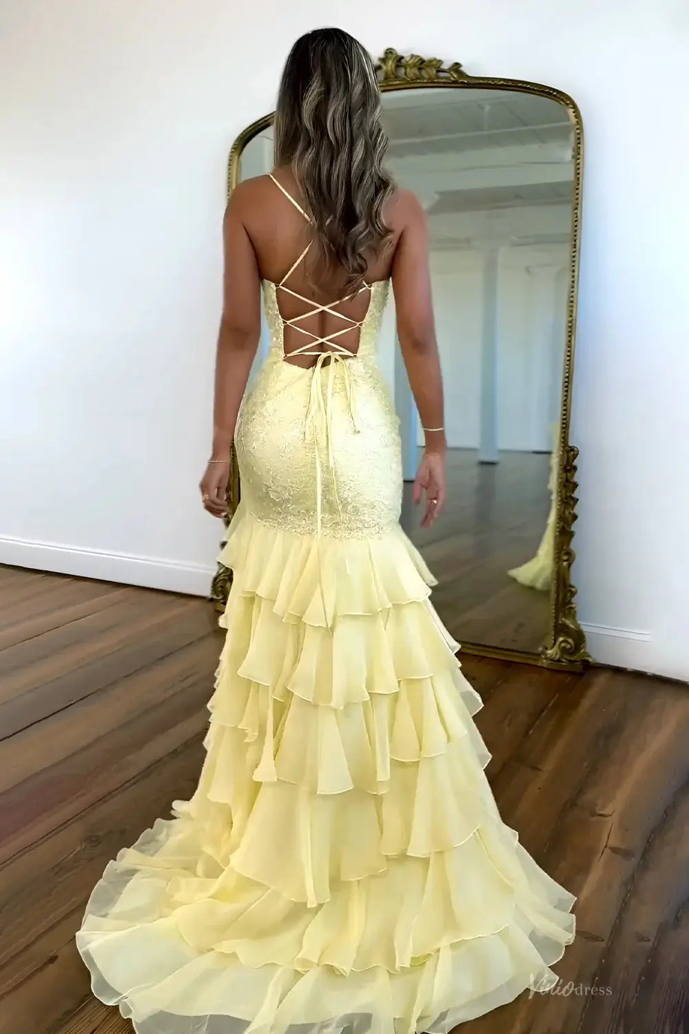 Lavender Lace Sheath Prom Dress with Spaghetti Straps, Tiered Bottom & V-Neck - FD5078B-prom dresses 2026-Viniodress-Lavender-Custom Size – Add Measurements in Cart-