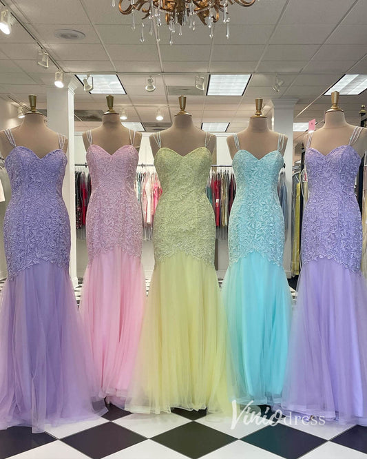 Lavender Mermaid Prom Dresses Spaghetti Strap Lace Applique Evening Dress FD2917-prom dresses 2025 -Viniodress-Lavender-Custom Size-