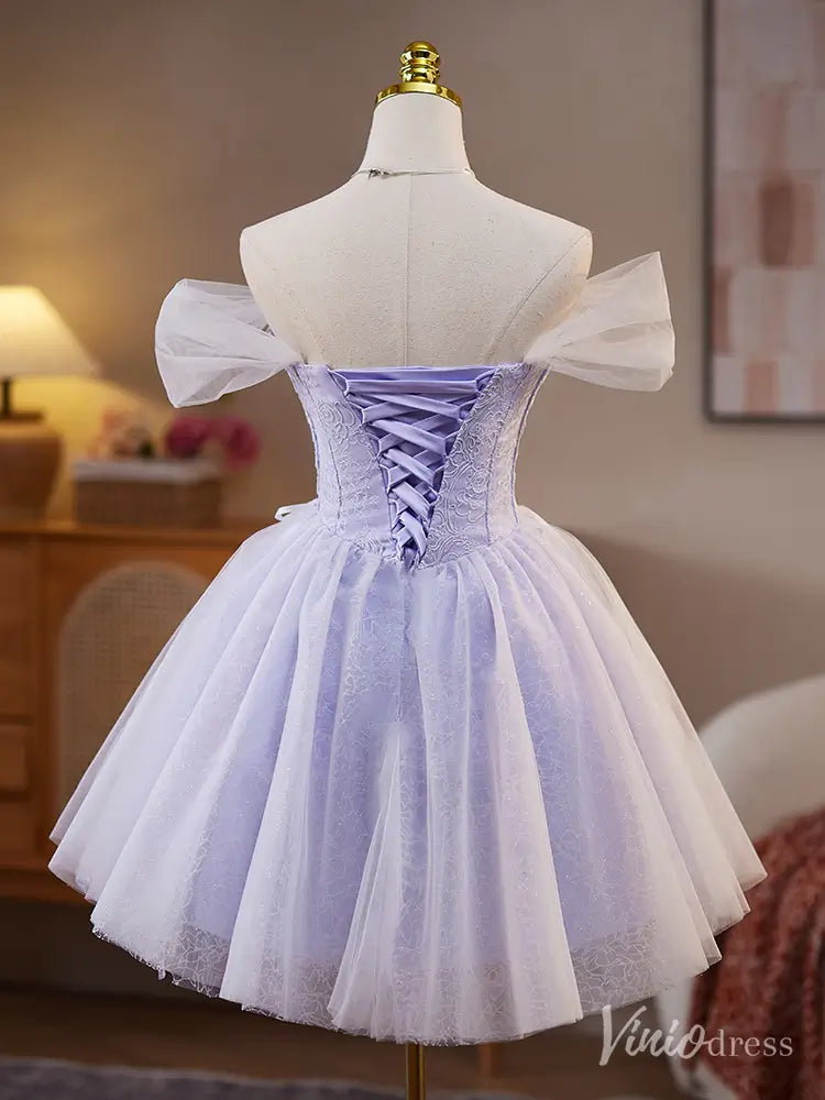 Lavender Off-Shoulder Lace Homecoming Dress with Floral Appliqués – BJ079-prom dresses 2025 -Viniodress-Lavender-Custom Size-