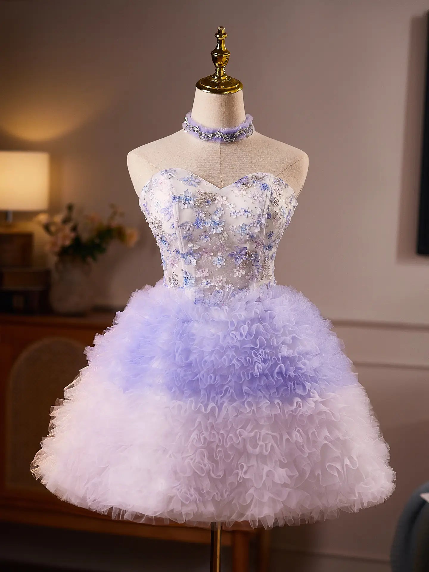 Lavender Ombré Floral Homecoming Dress with Fluffy Ruffle Skirt & Choker -BJ122-Homecoming Dresses 2026-Viniodress-Lavender-US 0-