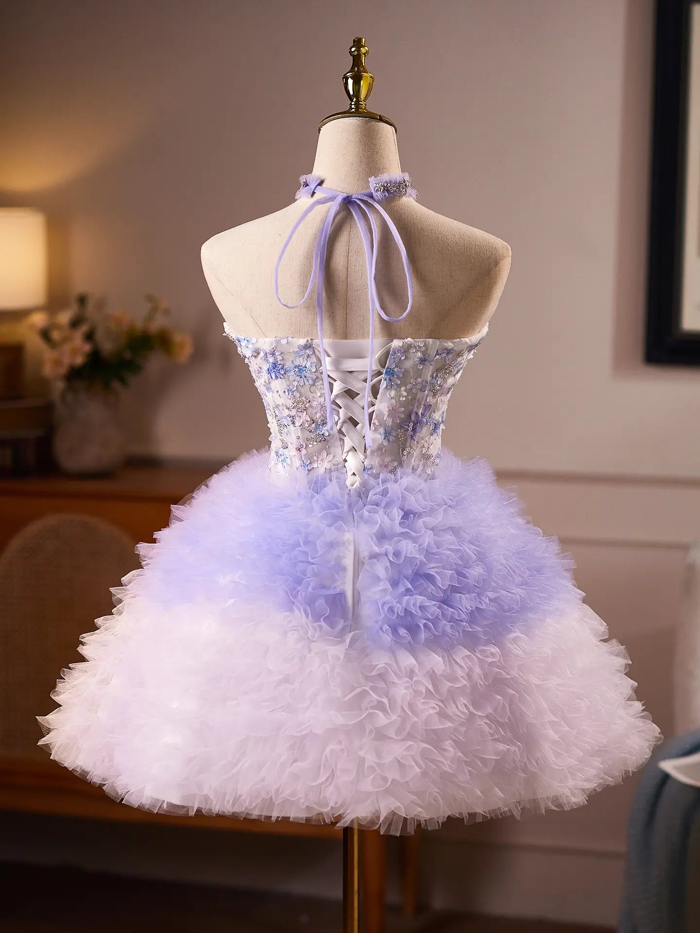 Lavender Ombré Floral Homecoming Dress with Fluffy Ruffle Skirt & Choker -BJ122-Homecoming Dresses 2026-Viniodress-Lavender-US 0-