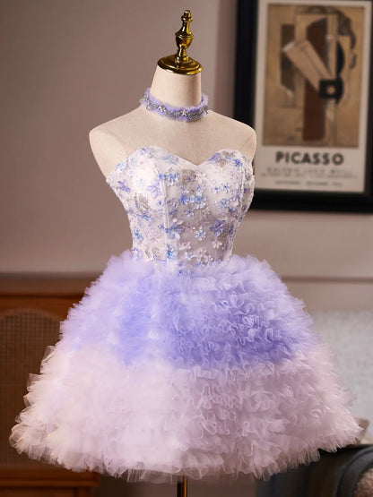 Lavender Ombré Floral Homecoming Dress with Fluffy Ruffle Skirt & Choker -BJ122-Homecoming Dresses 2026-Viniodress-Lavender-US 0-