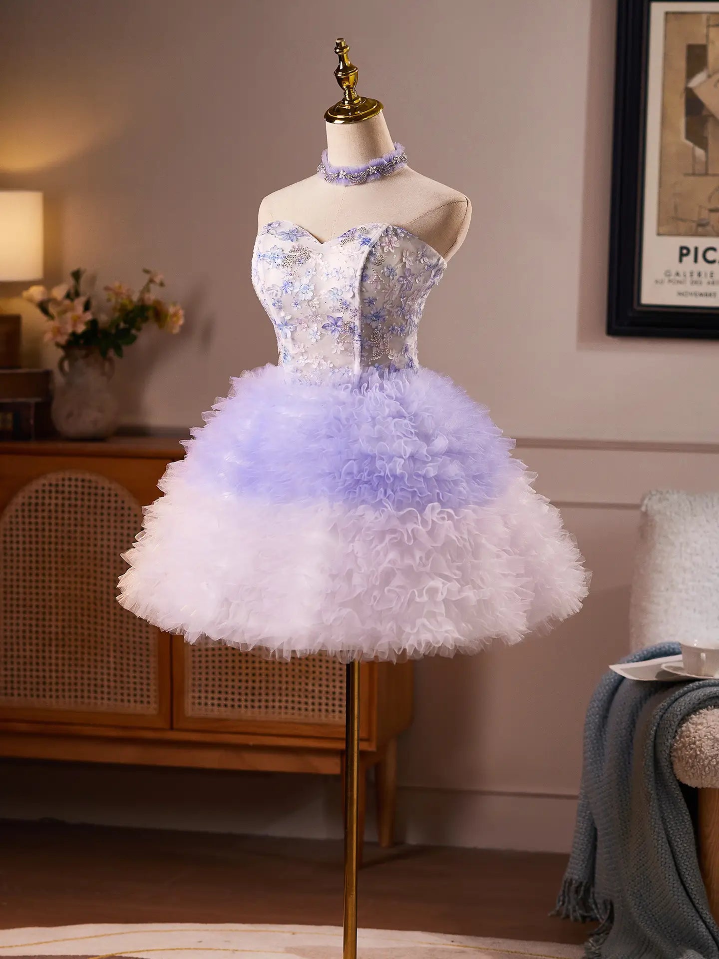 Lavender Ombré Floral Homecoming Dress with Fluffy Ruffle Skirt & Choker -BJ122-Homecoming Dresses 2026-Viniodress-Lavender-US 0-